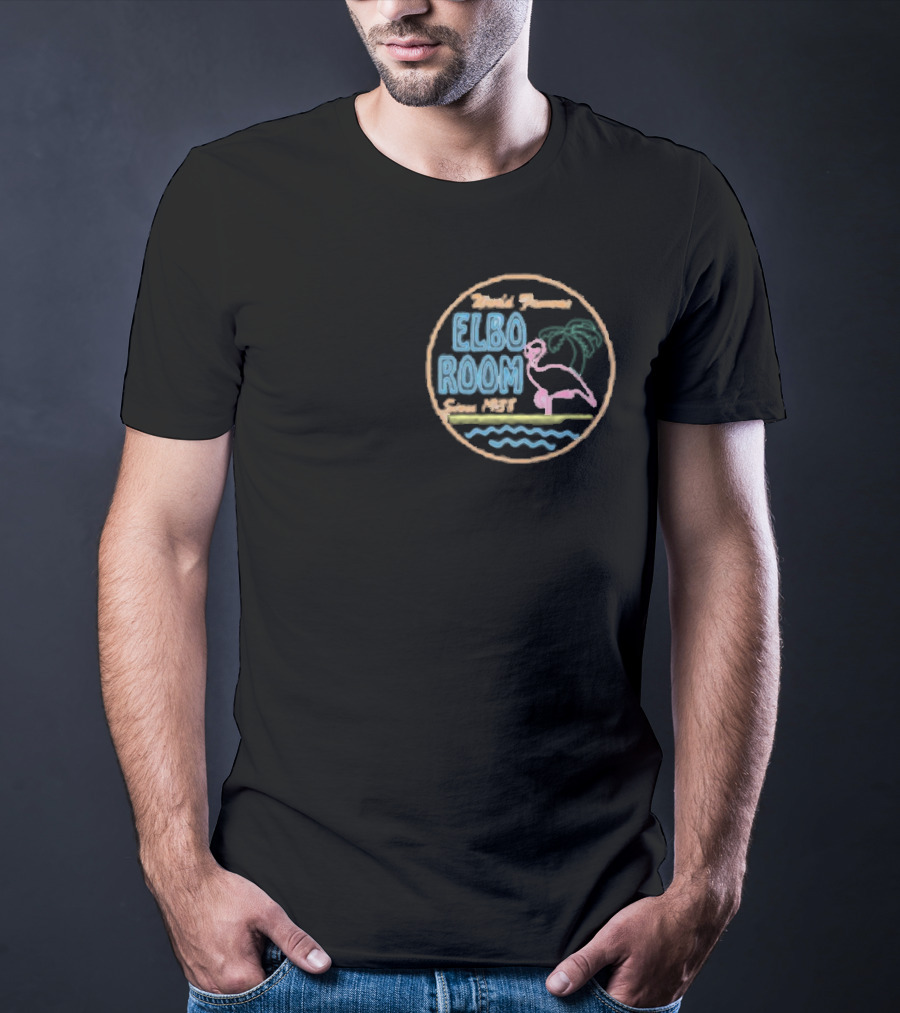 World Famous Elbo Room Since 1938 Neon Flamingo And Palm Tree T-Shirt