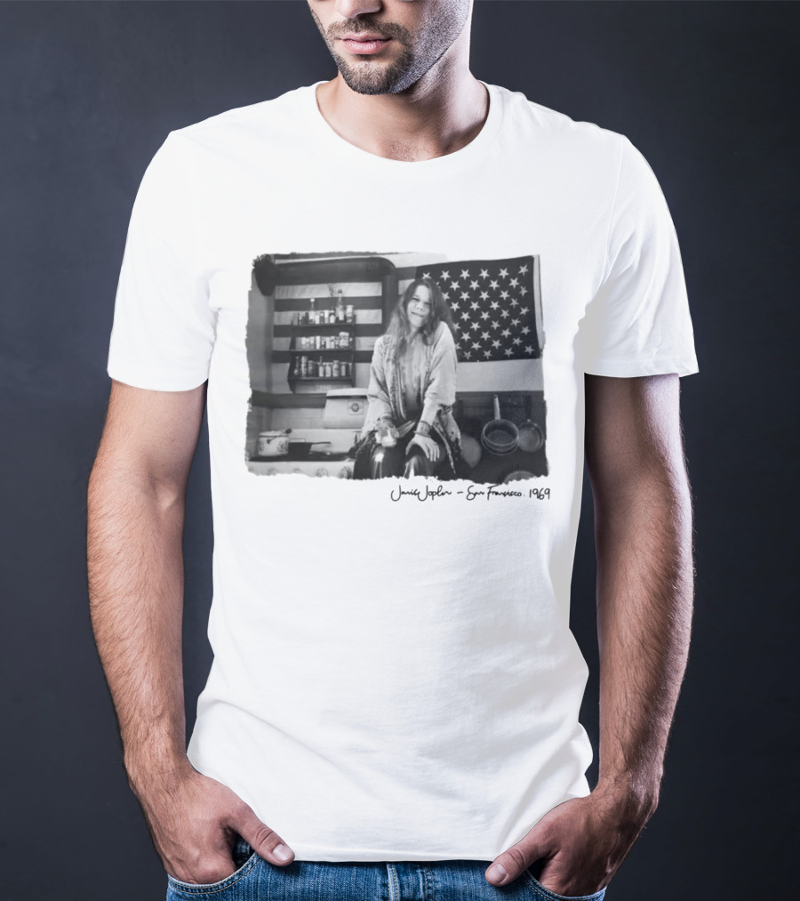 Janis Joplin San Francisco 1969 Kitchen Scene With American Flag T-Shirt
