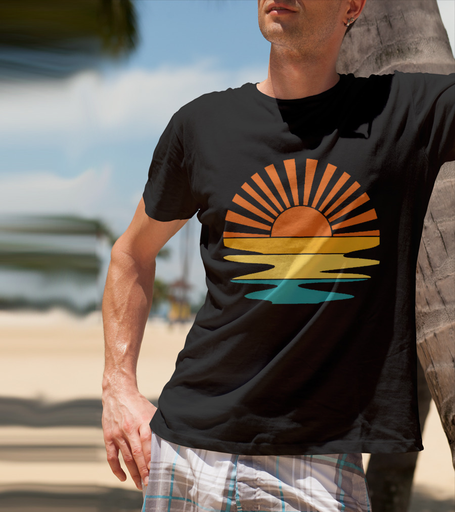 Retro Sunset Rays Wavy Vintage Sunshine Sunburst Ocean Horizon T-Shirt