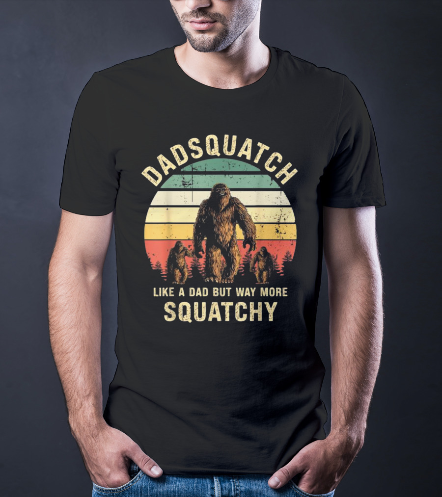 Dadsquatch Like A Dad But Way More Squatchy Vintage Bigfoot Forest Sunset T-Shirt