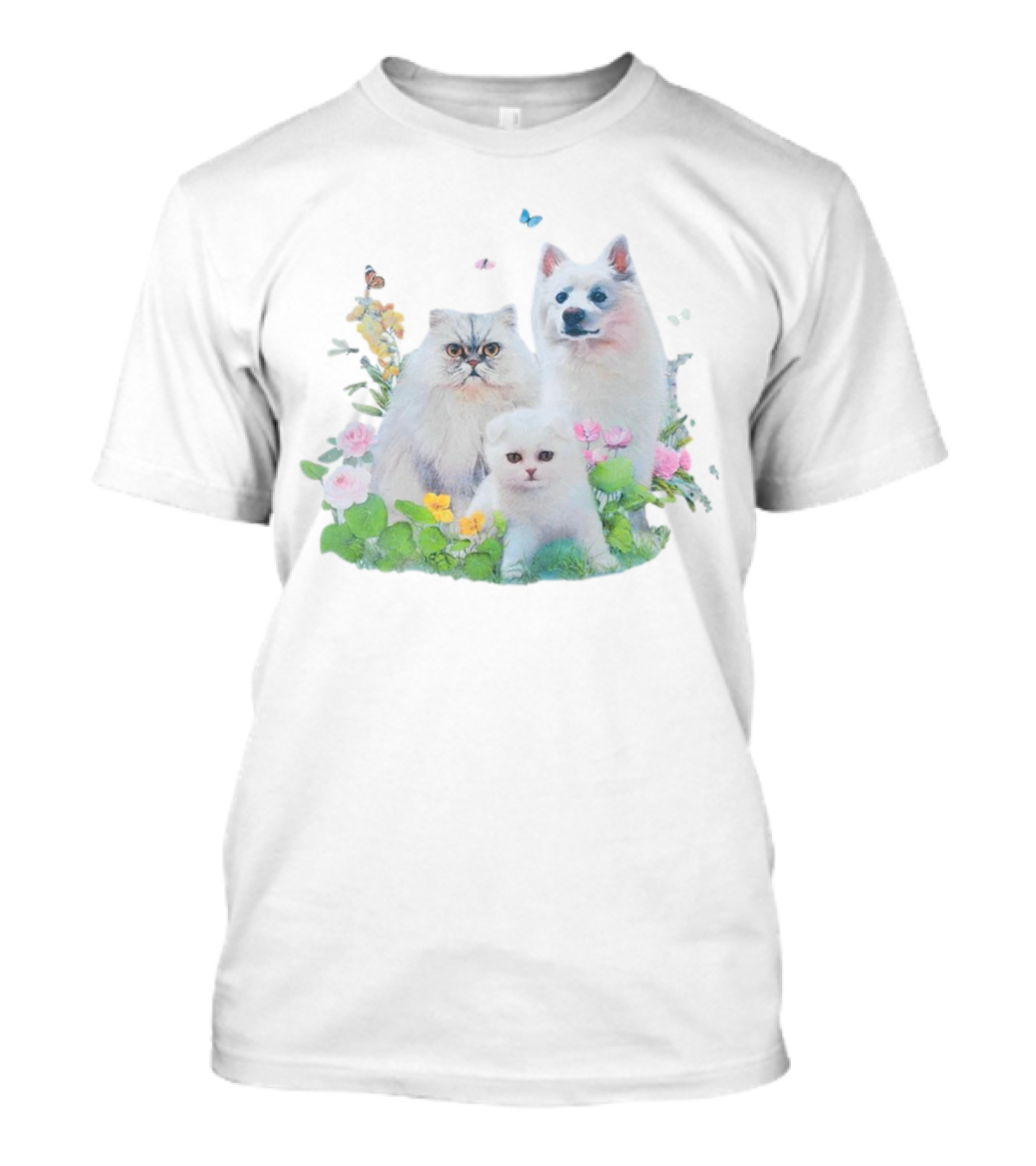 Qtcinderella Pet Animals With Cats And Dog In Floral Pastel Garden T-Shirt