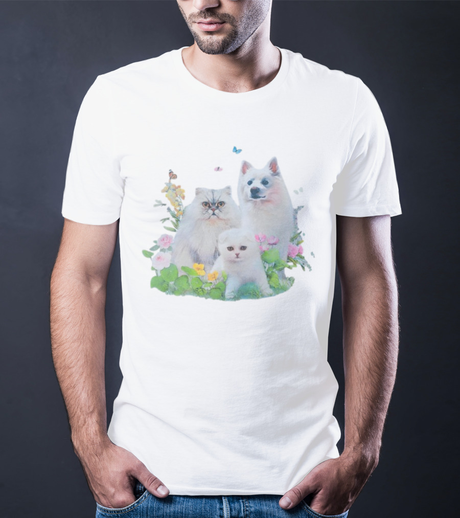 Qtcinderella Pet Animals With Cats And Dog In Floral Pastel Garden T-Shirt