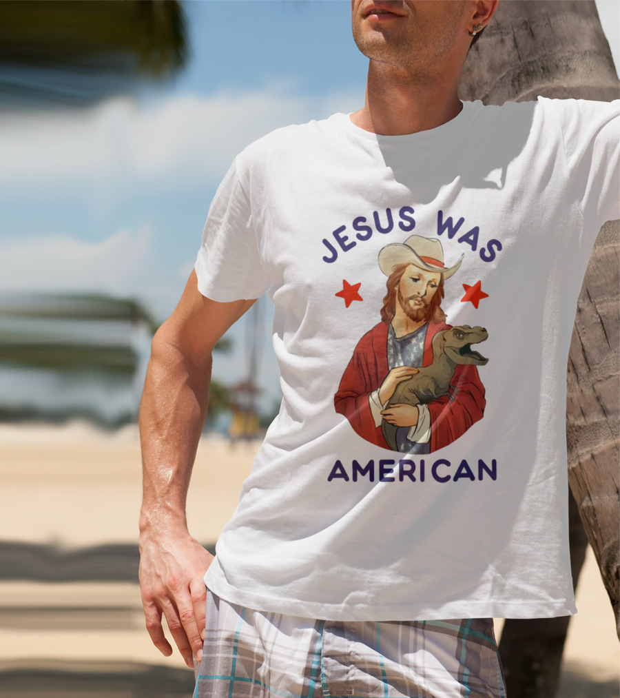 Jesus Was American Holding Dinosaur In Cowboy Hat With Stars T-Shirt