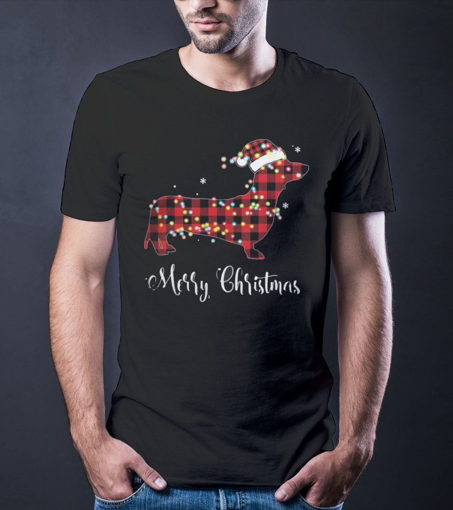 Merry Christmas Red Plaid Buffalo Dachshund With Santa Hat And Lights T-Shirt