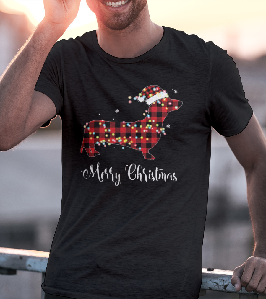 Merry Christmas Red Plaid Buffalo Dachshund With Santa Hat And Lights T-Shirt