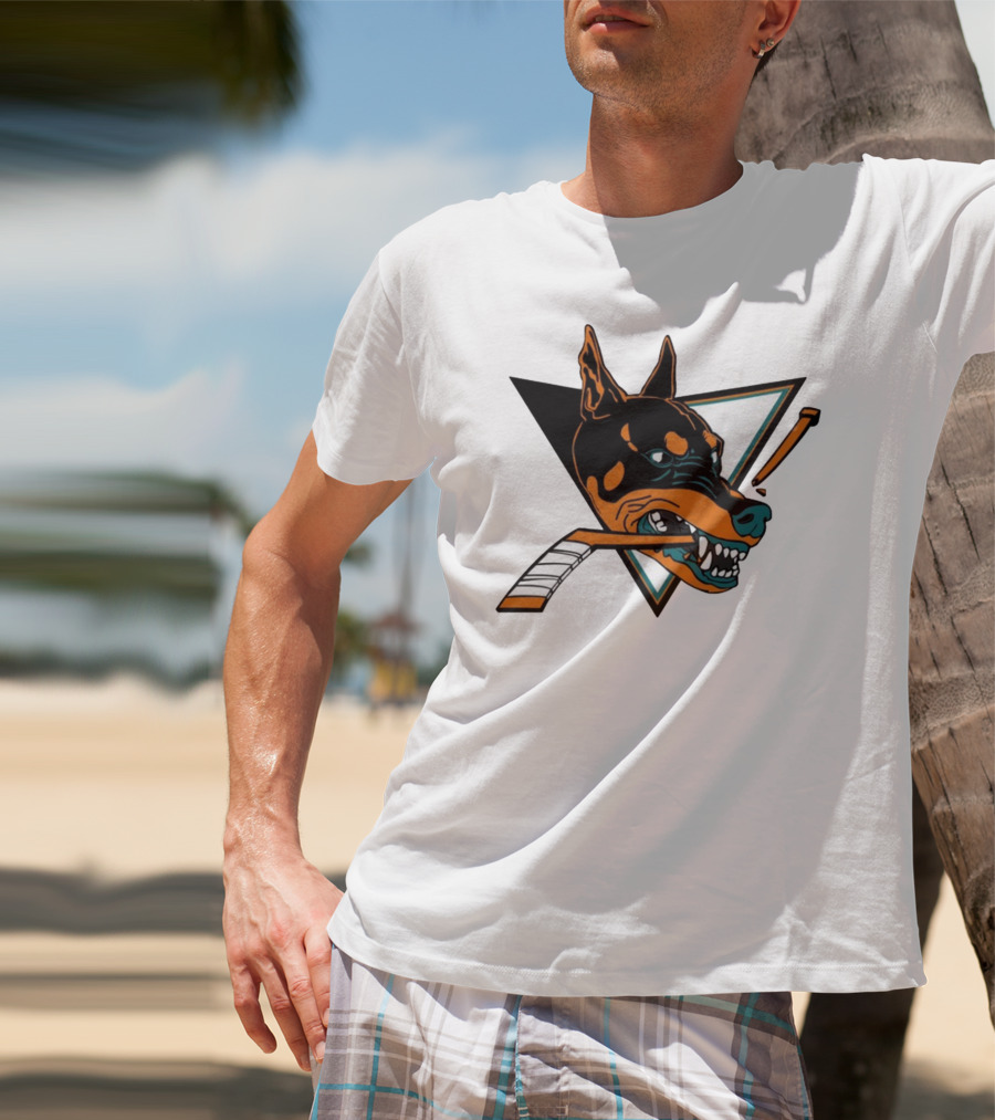 Kayzo San Jose Dogs Hockey Iconic Doberman Logo With Hockey Sticks T-Shirt