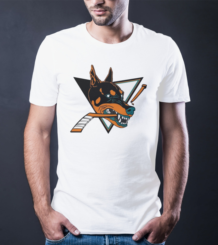 Kayzo San Jose Dogs Hockey Iconic Doberman Logo With Hockey Sticks T-Shirt