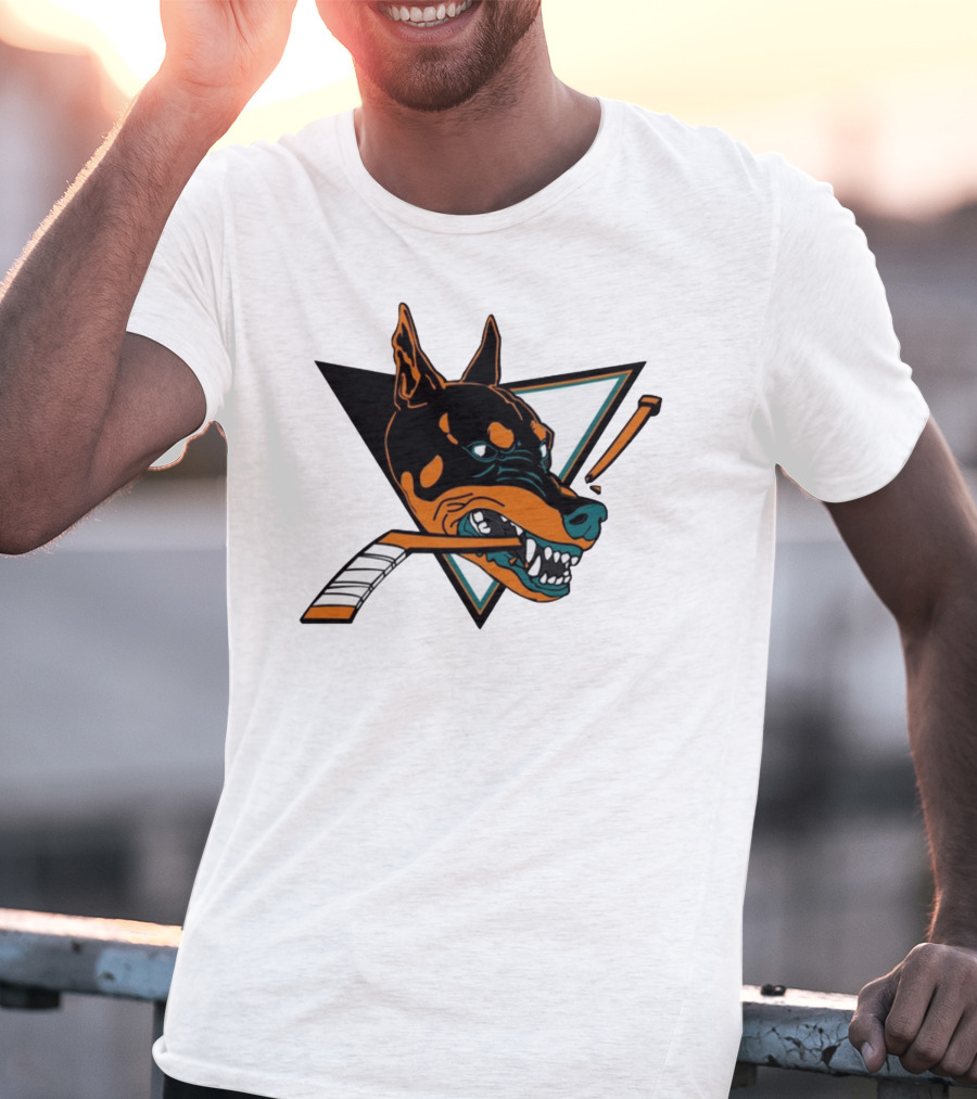 Kayzo San Jose Dogs Hockey Iconic Doberman Logo With Hockey Sticks T-Shirt