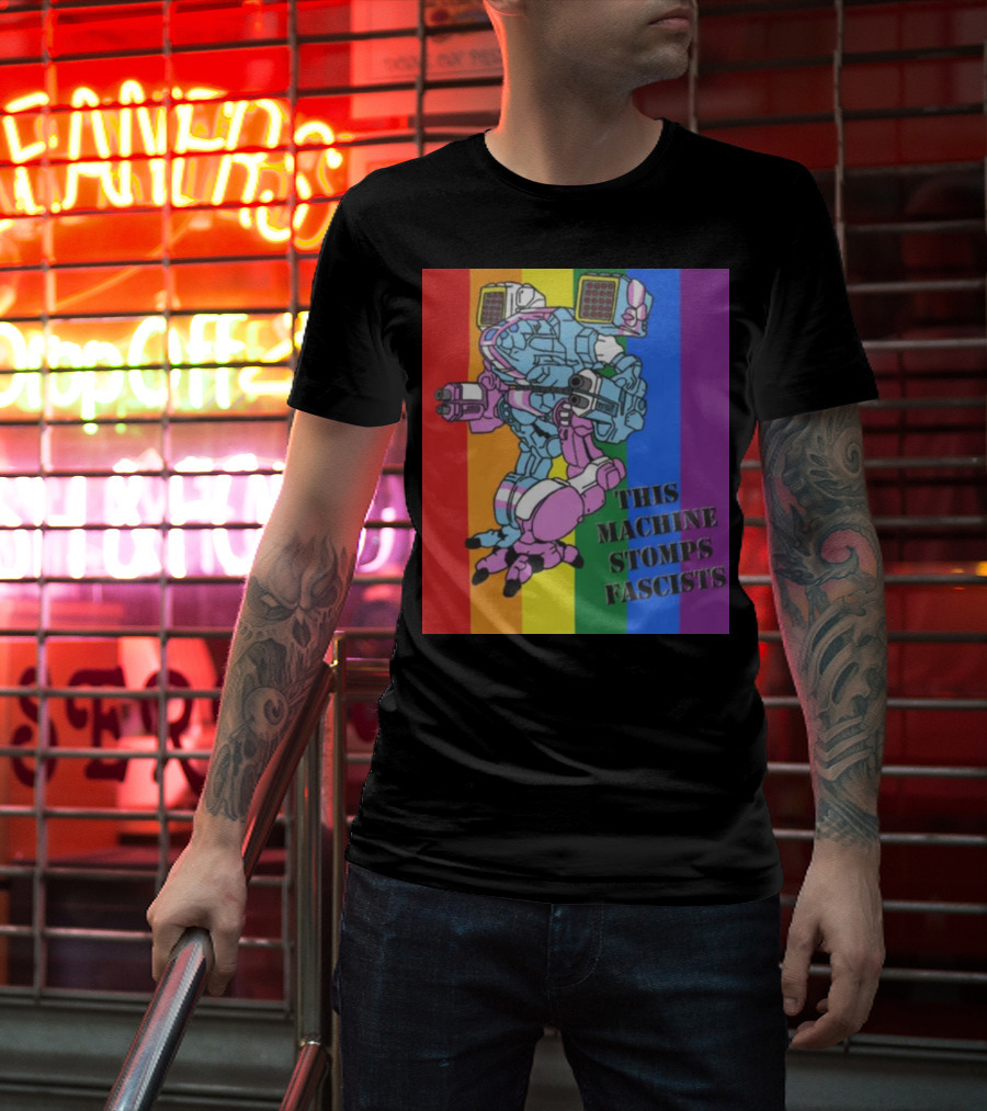 This Machine Stomps Fascists Mech Rainbow Stripes T-Shirt
