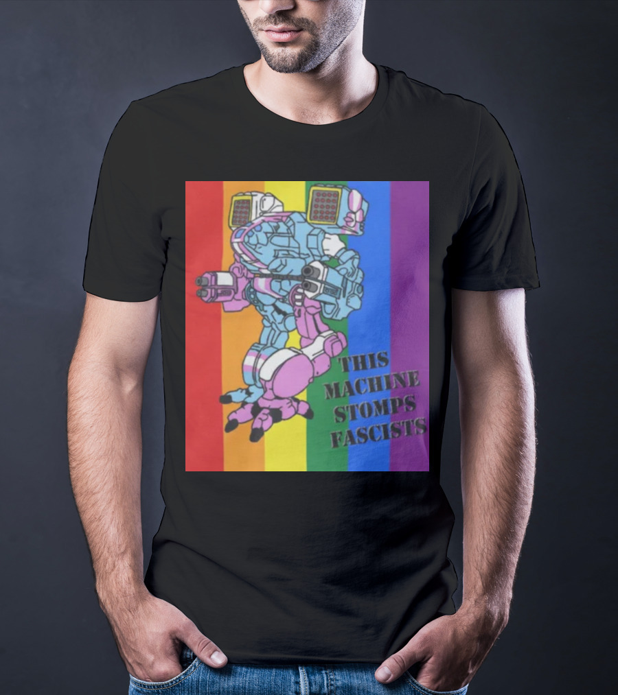 This Machine Stomps Fascists Mech Rainbow Stripes T-Shirt
