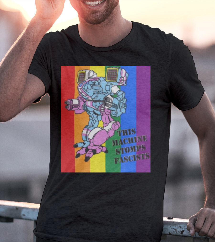 This Machine Stomps Fascists Mech Rainbow Stripes T-Shirt