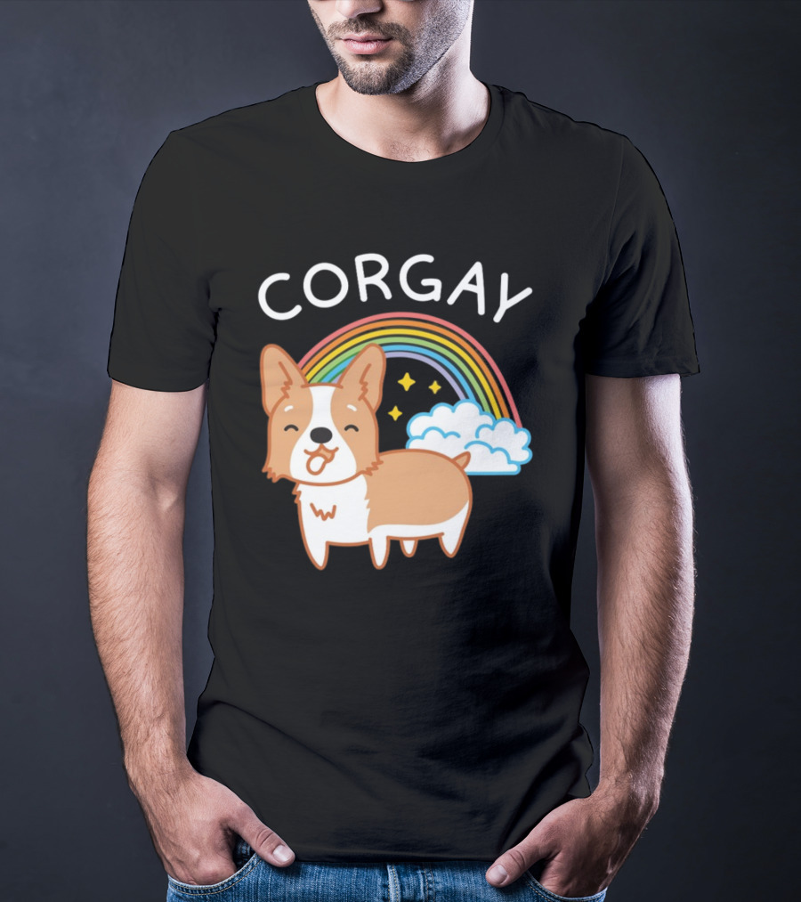 Corgay Rainbow Clouds And Stars With Corgi T-Shirt