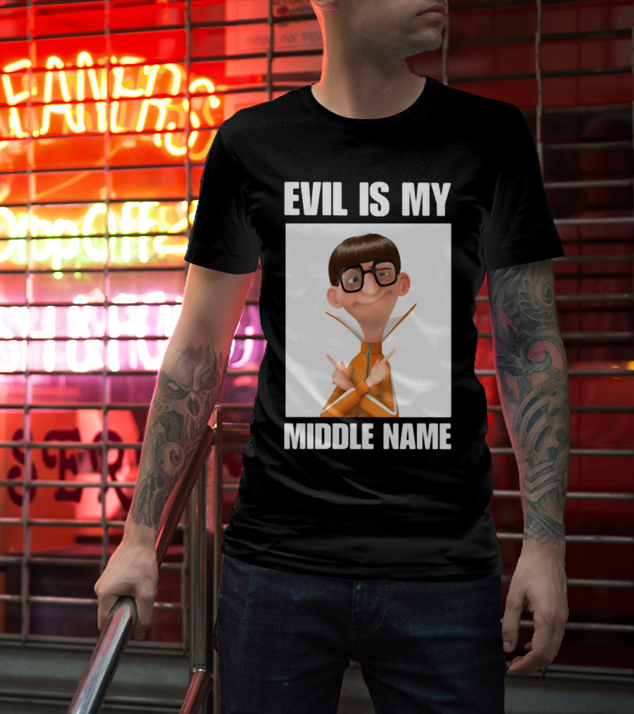 Evil Is My Middle Name Animated Character With Orange Outfit And Glasses T-Shirt