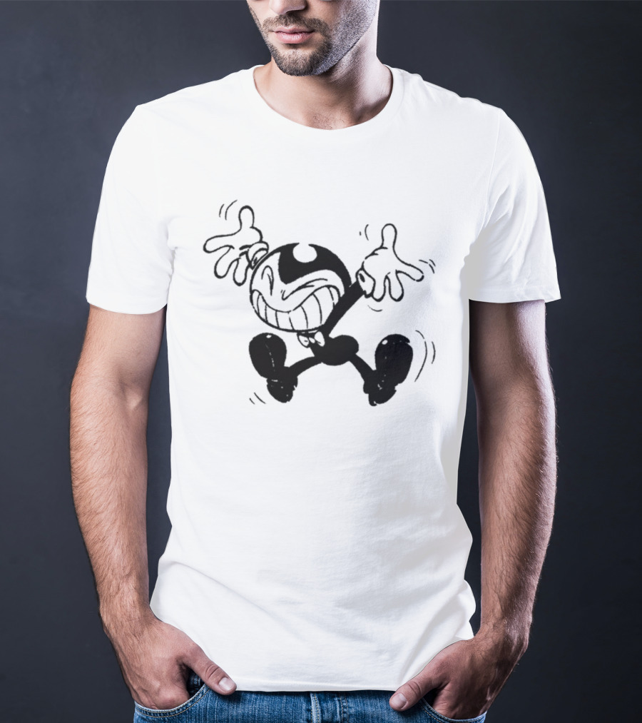 Bendy Jumping Smiling Animated Character Ringer T-Shirt