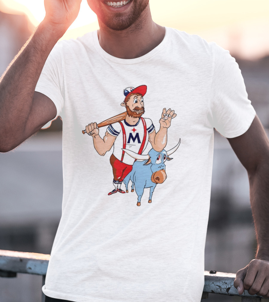 Barret Lee Paul Bunyan Cartoon Baseball Mascot With Blue Ox Babe And M T-Shirt