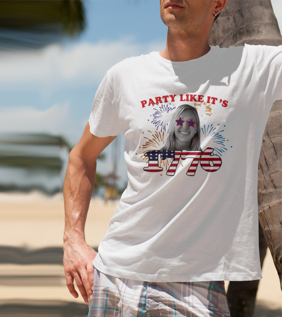 MTG Shop Marjorie Taylor Party Like It's 1776 Fireworks Star Glasses Patriotic T-Shirt