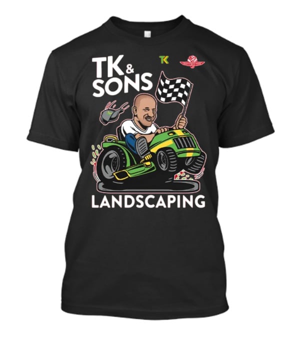 TK And Sons Landscaping Racing Lawn Mower Checkered Flag Victory T-Shirt