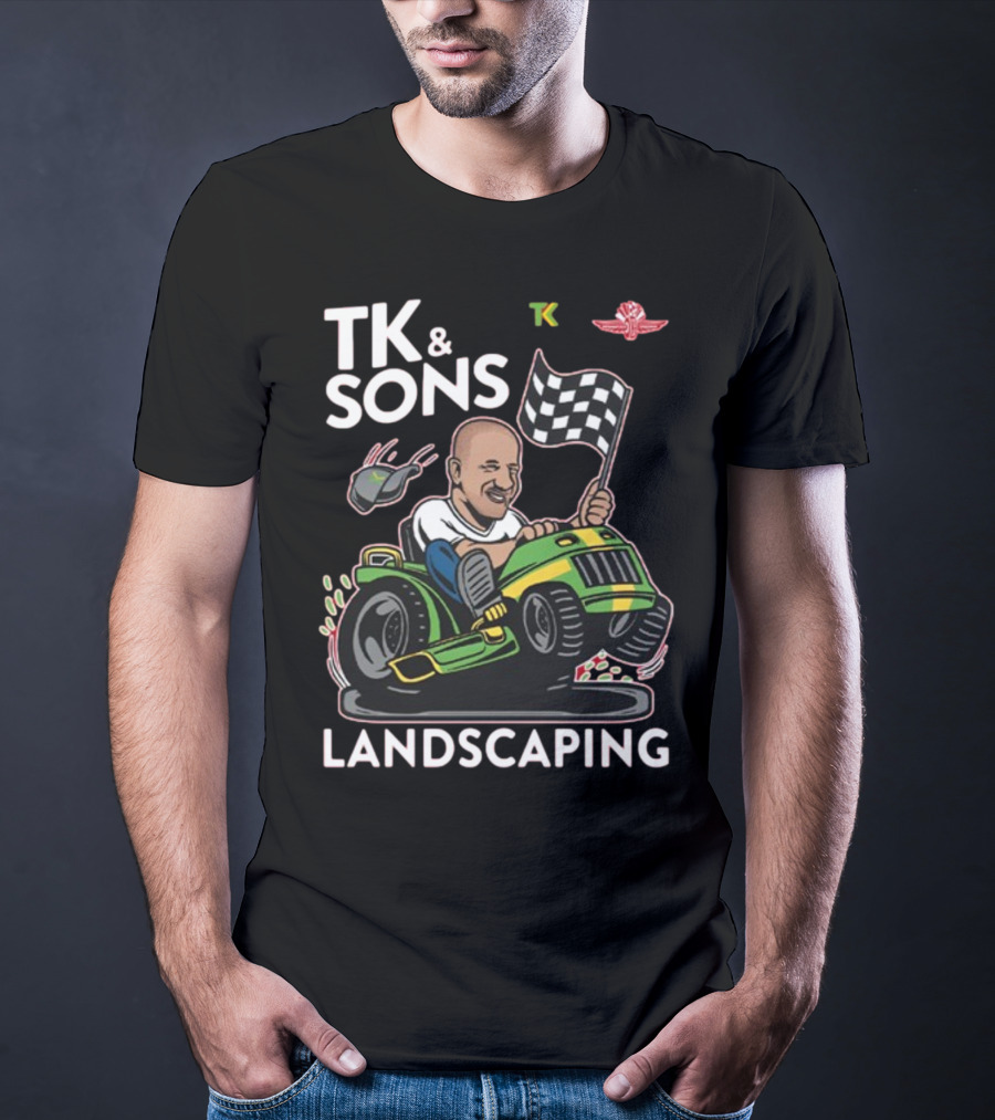 TK And Sons Landscaping Racing Lawn Mower Checkered Flag Victory T-Shirt