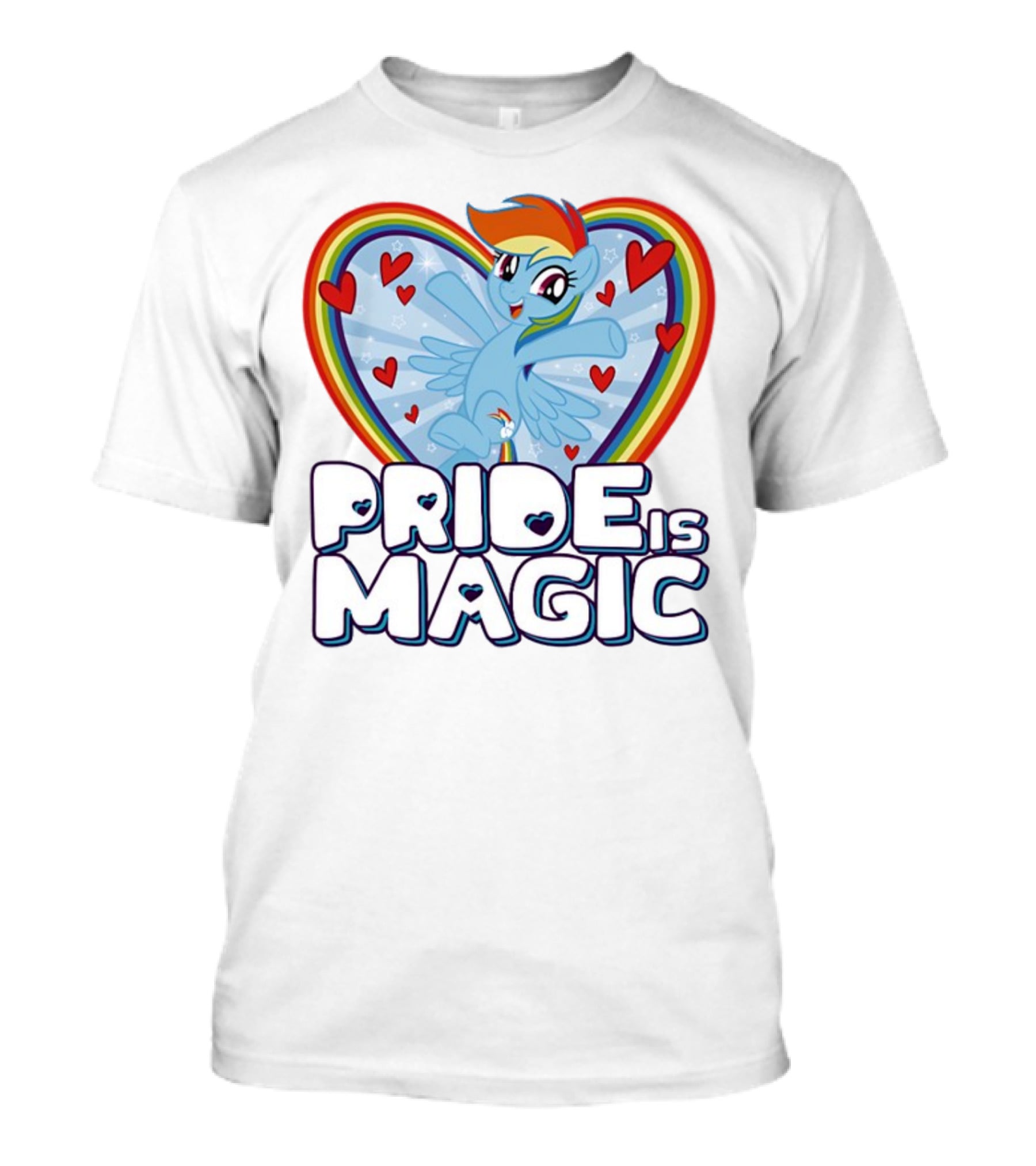 Pride Is Magic Rainbow Heart Flying Pony With Stars And Hearts T-Shirt