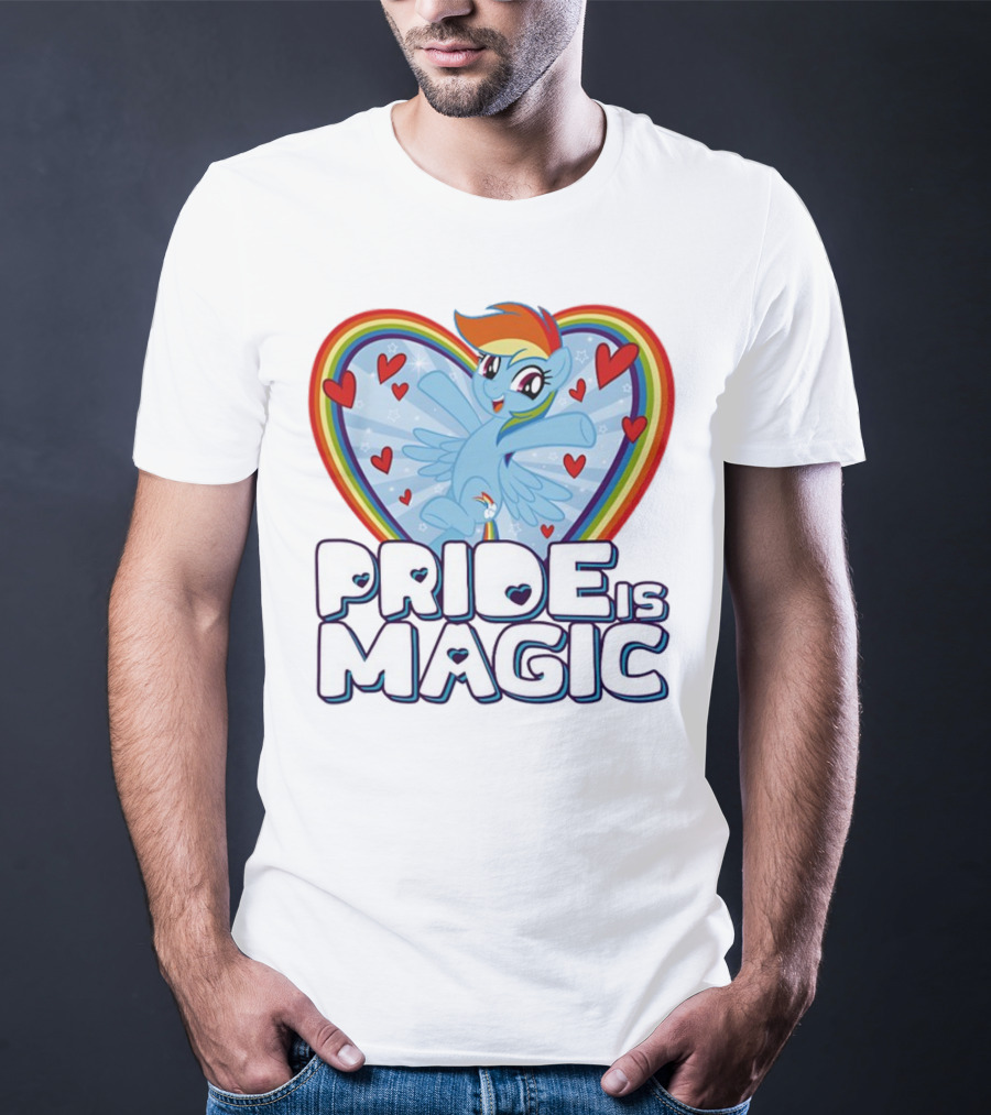 Pride Is Magic Rainbow Heart Flying Pony With Stars And Hearts T-Shirt