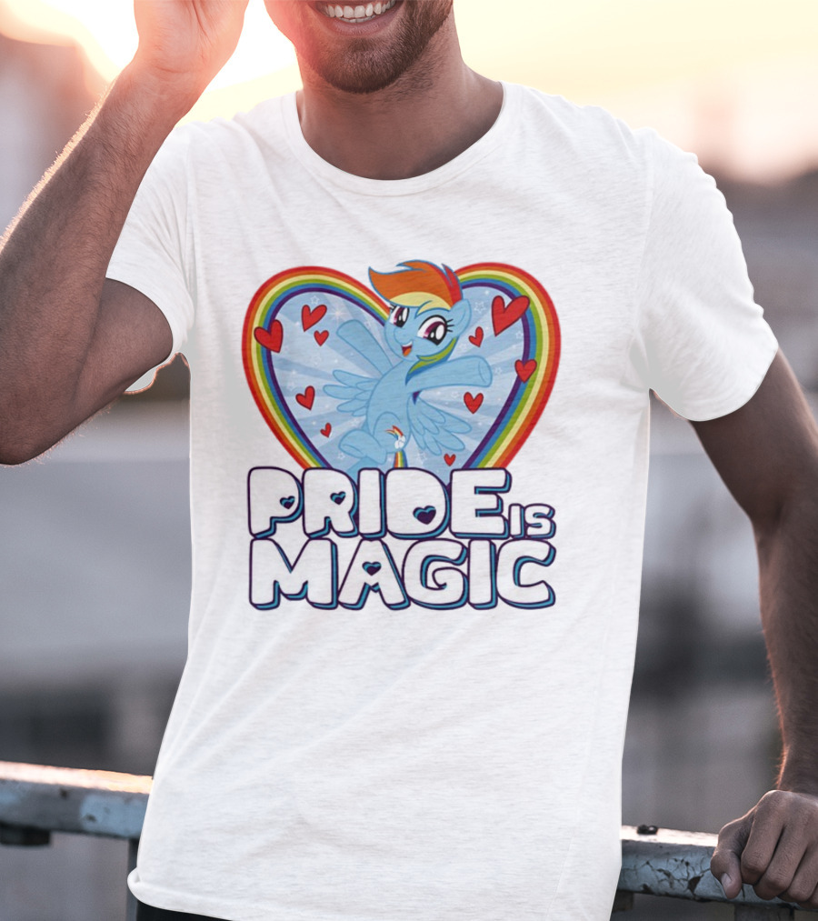 Pride Is Magic Rainbow Heart Flying Pony With Stars And Hearts T-Shirt
