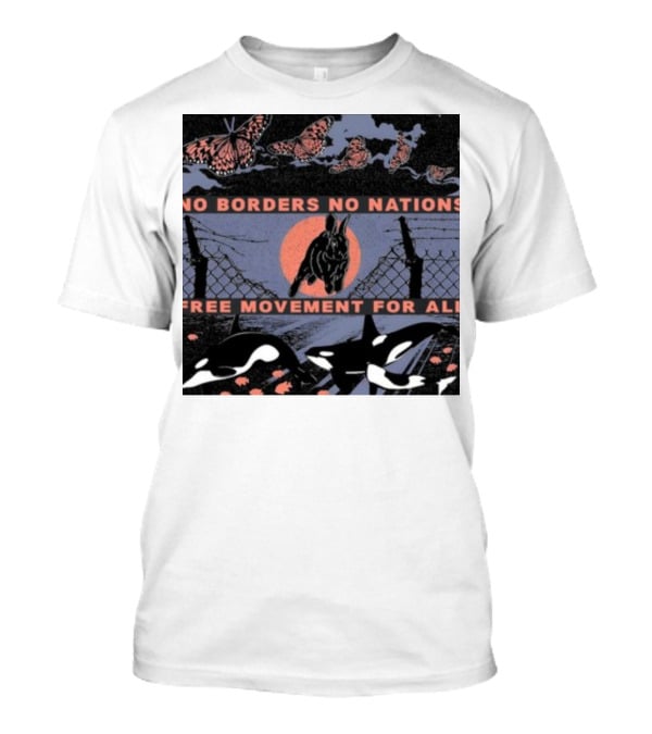 No Borders No Nations Free Movement For All Butterflies Rabbit Orcas Fence Orange Background T-Shirt