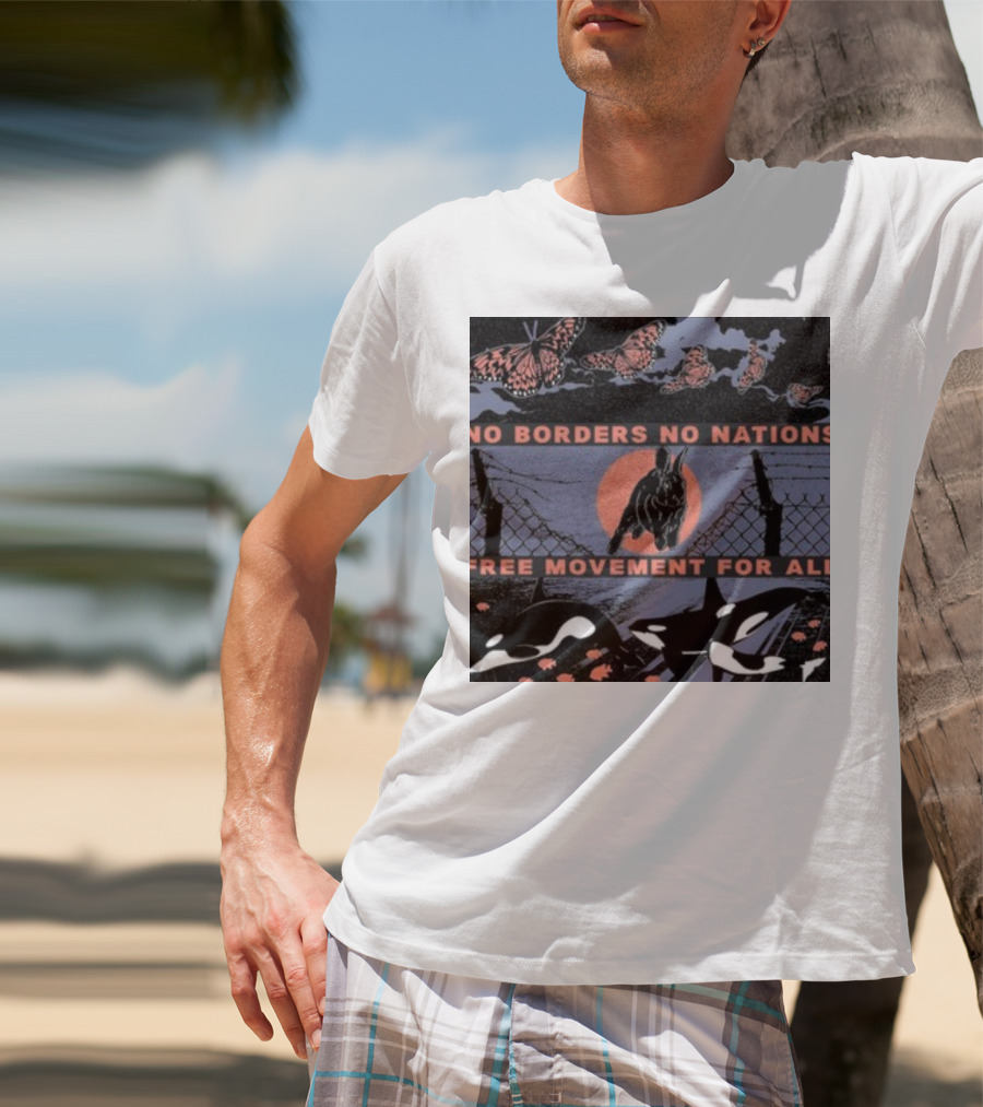 No Borders No Nations Free Movement For All Butterflies Rabbit Orcas Fence Orange Background T-Shirt