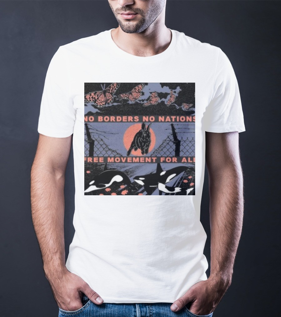 No Borders No Nations Free Movement For All Butterflies Rabbit Orcas Fence Orange Background T-Shirt