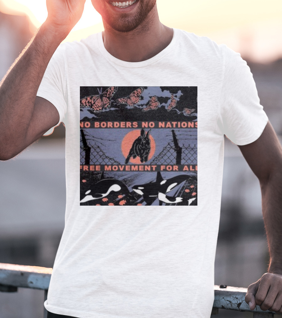 No Borders No Nations Free Movement For All Butterflies Rabbit Orcas Fence Orange Background T-Shirt