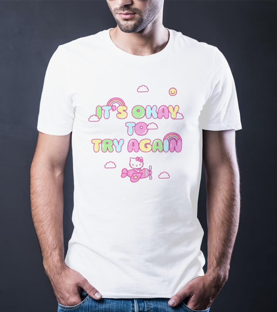 Hello Kitty It's Okay To Try Again Rainbow Clouds Airplane T-Shirt