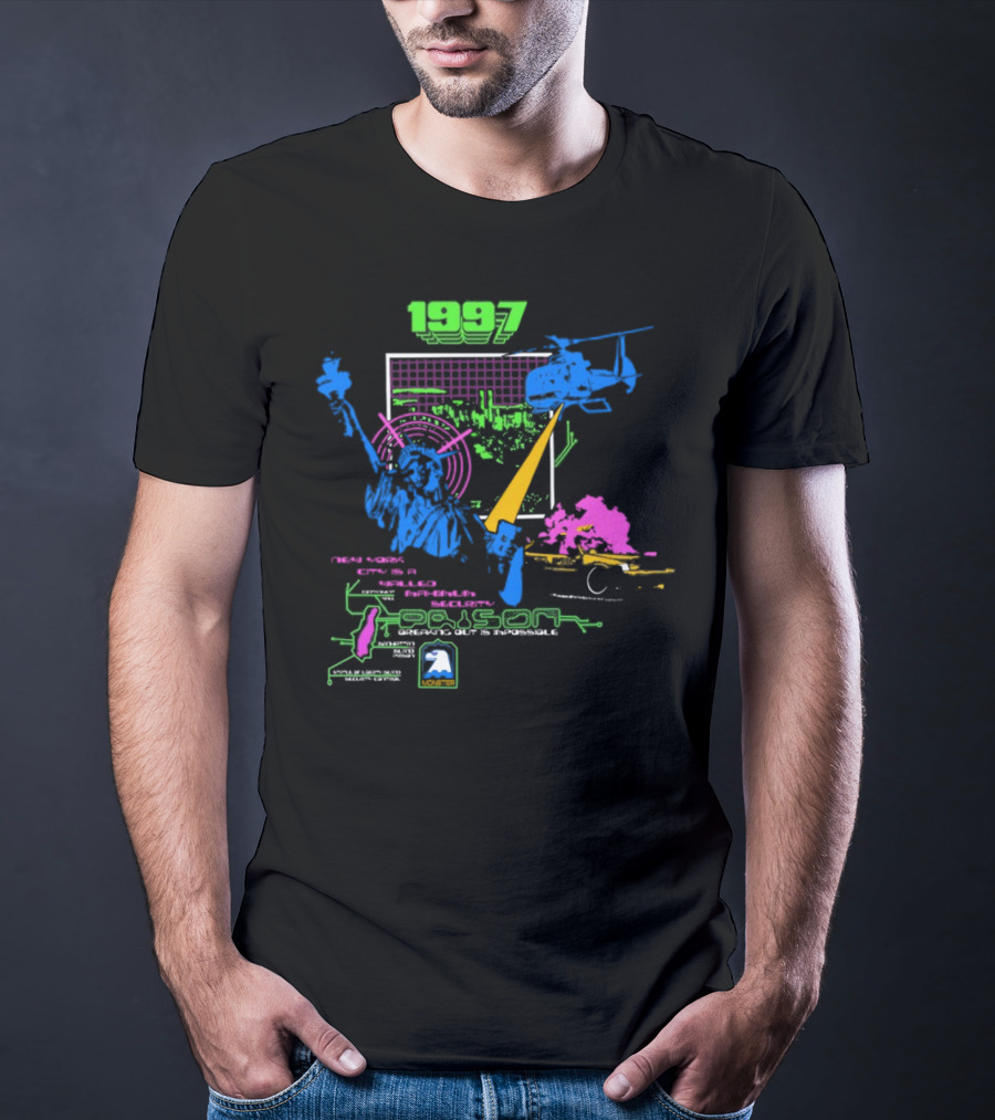 1997 New York City Is A Walled Maximum Security Prison Breaking Out Is Impossible Helicopter Statue Of Liberty Explosion Scene T-Shirt