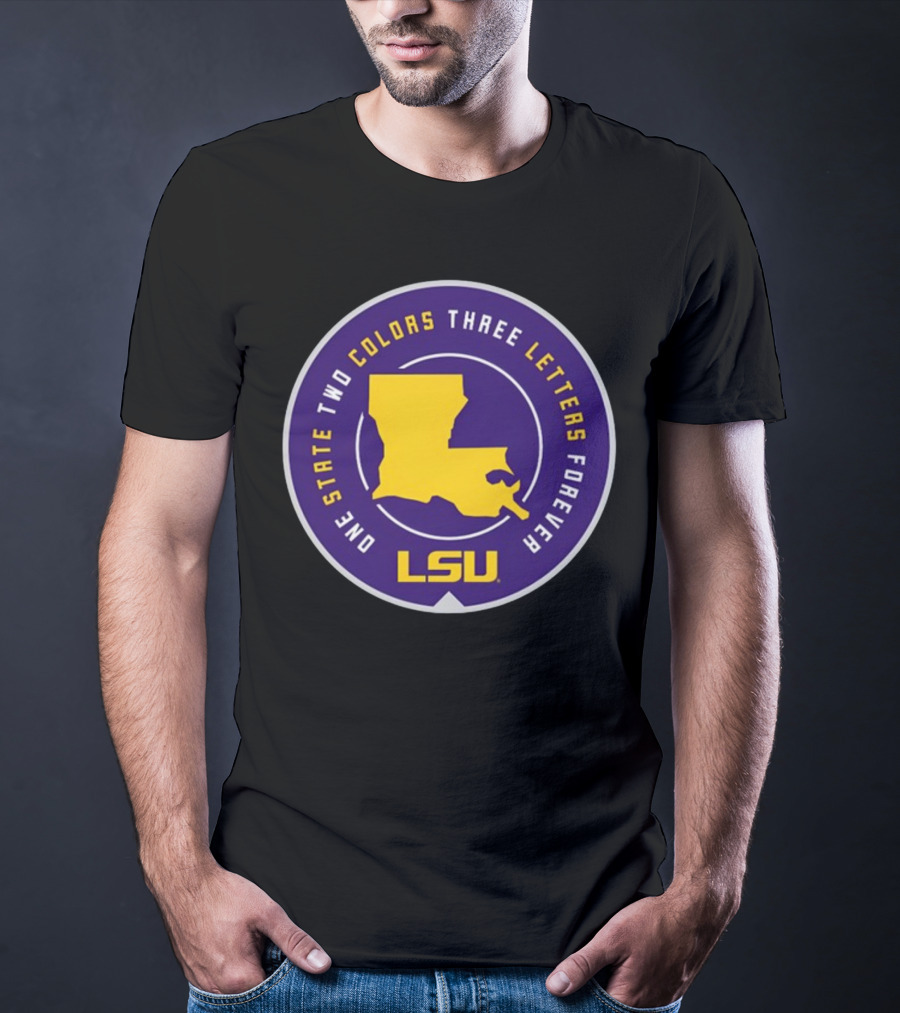 One State Two Colors Three Letters Forever LSU Louisiana Map Purple Gold Circle T-Shirt