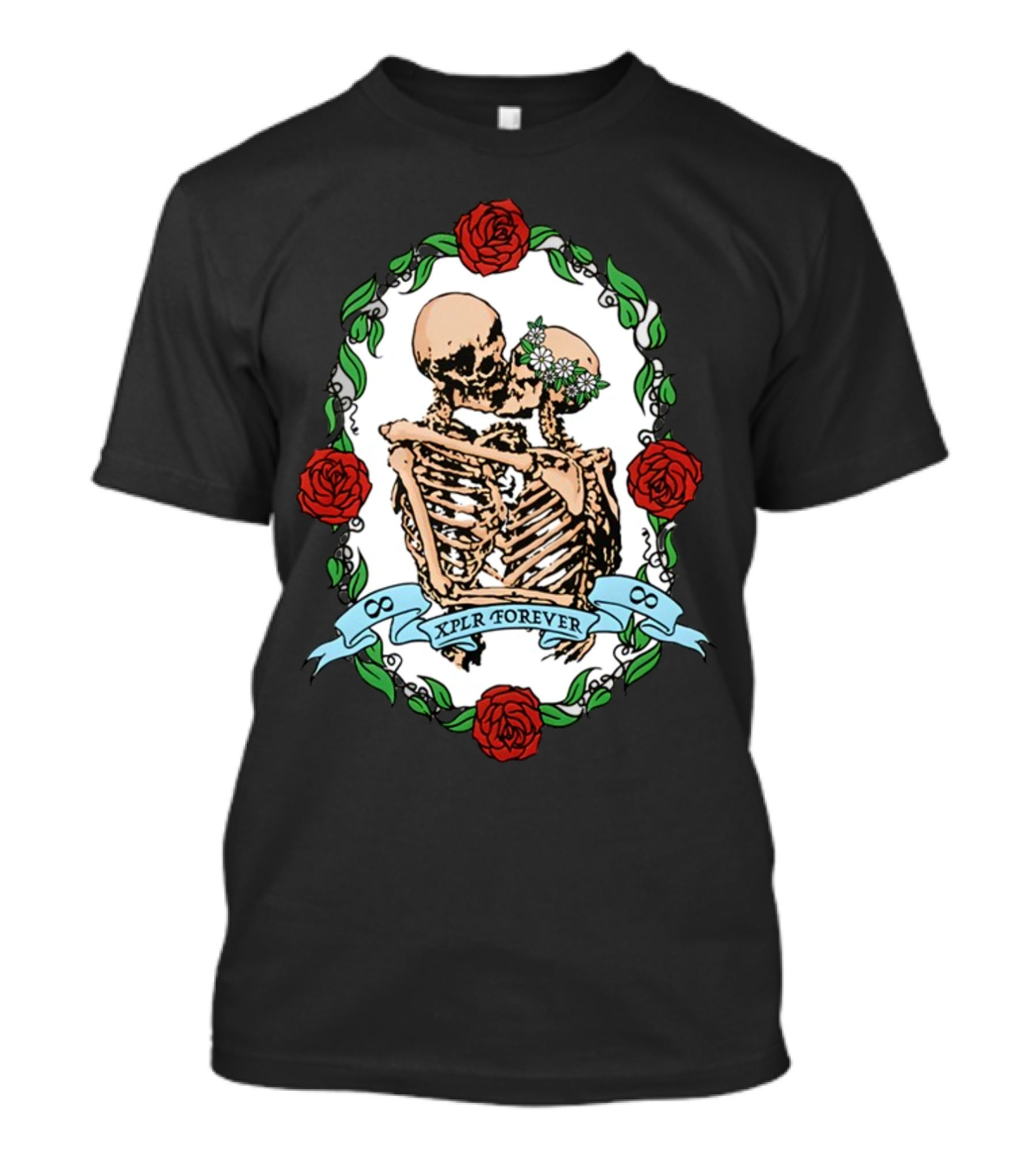 Xplr Forever Skeletons Embrace With Roses And Floral Wreath T-Shirt