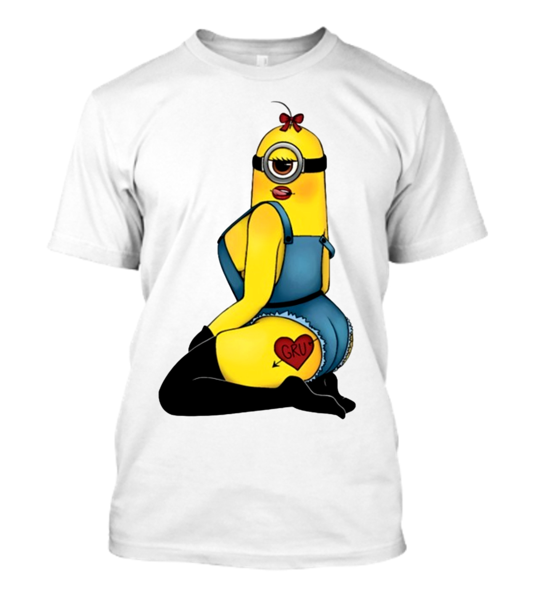Minion In Blue Overalls With Gru Heart Tattoo And Red Bow T-Shirt