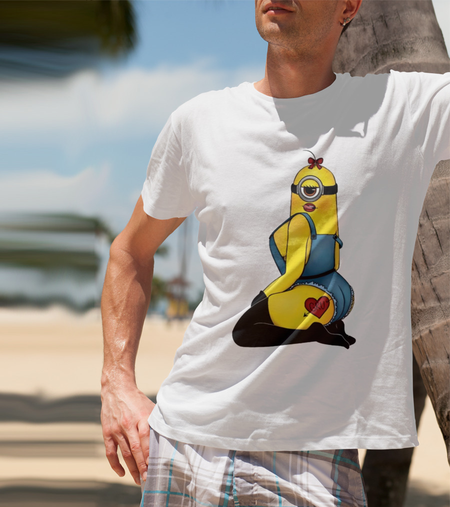 Minion In Blue Overalls With Gru Heart Tattoo And Red Bow T-Shirt