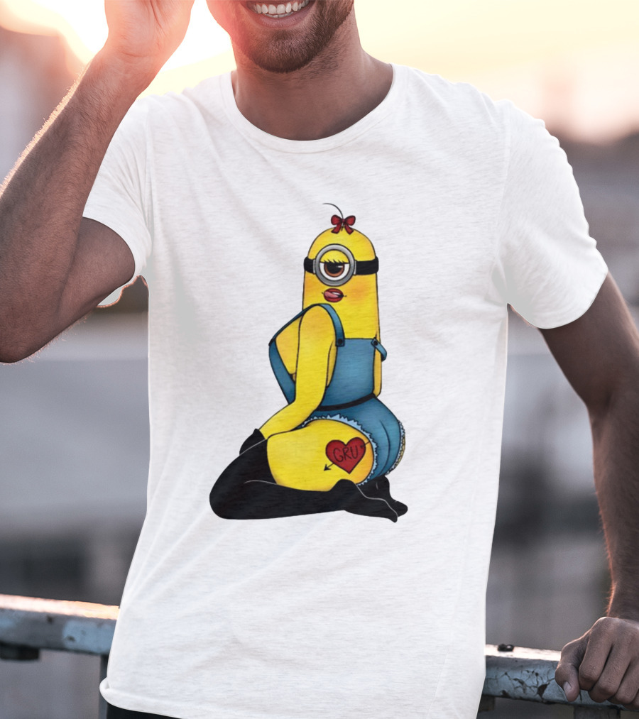 Minion In Blue Overalls With Gru Heart Tattoo And Red Bow T-Shirt