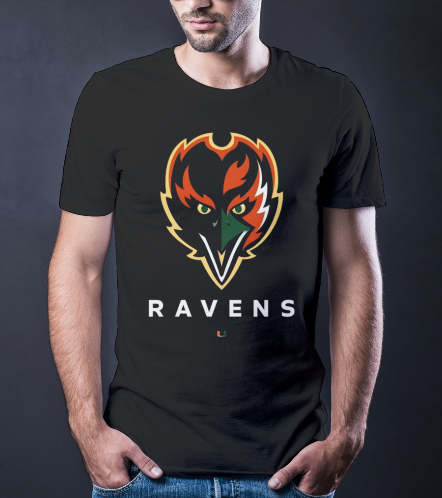 Ravens Logo With University Of Miami Hurricanes Colors T-Shirt