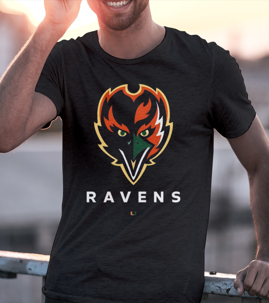 Ravens Logo With University Of Miami Hurricanes Colors T-Shirt