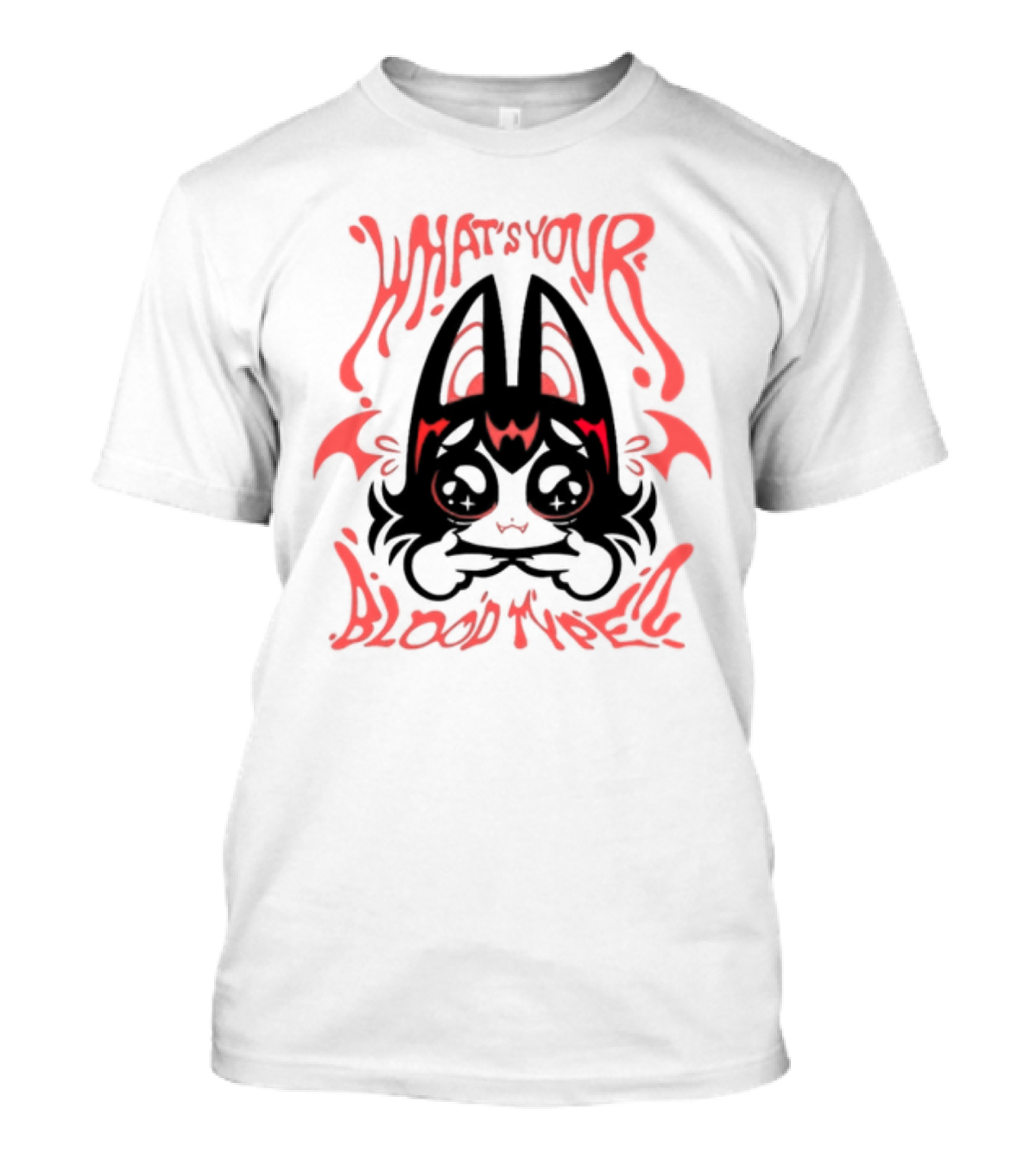 WHAT'S YOUR BLOOD TYPE? KAWAII BAT CHARACTER IN RED AND BLACK T-Shirt