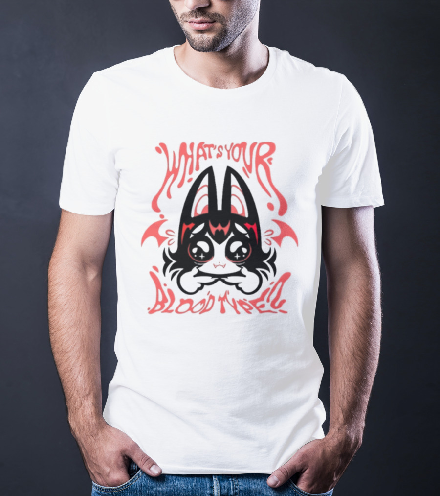 WHAT'S YOUR BLOOD TYPE? KAWAII BAT CHARACTER IN RED AND BLACK T-Shirt