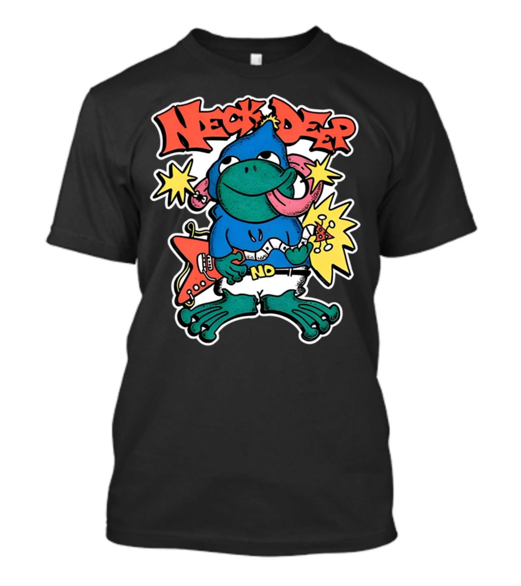 Neck Deep Frog Cartoon Character Holding Red Electric Guitar With Stars And No Belt T-Shirt