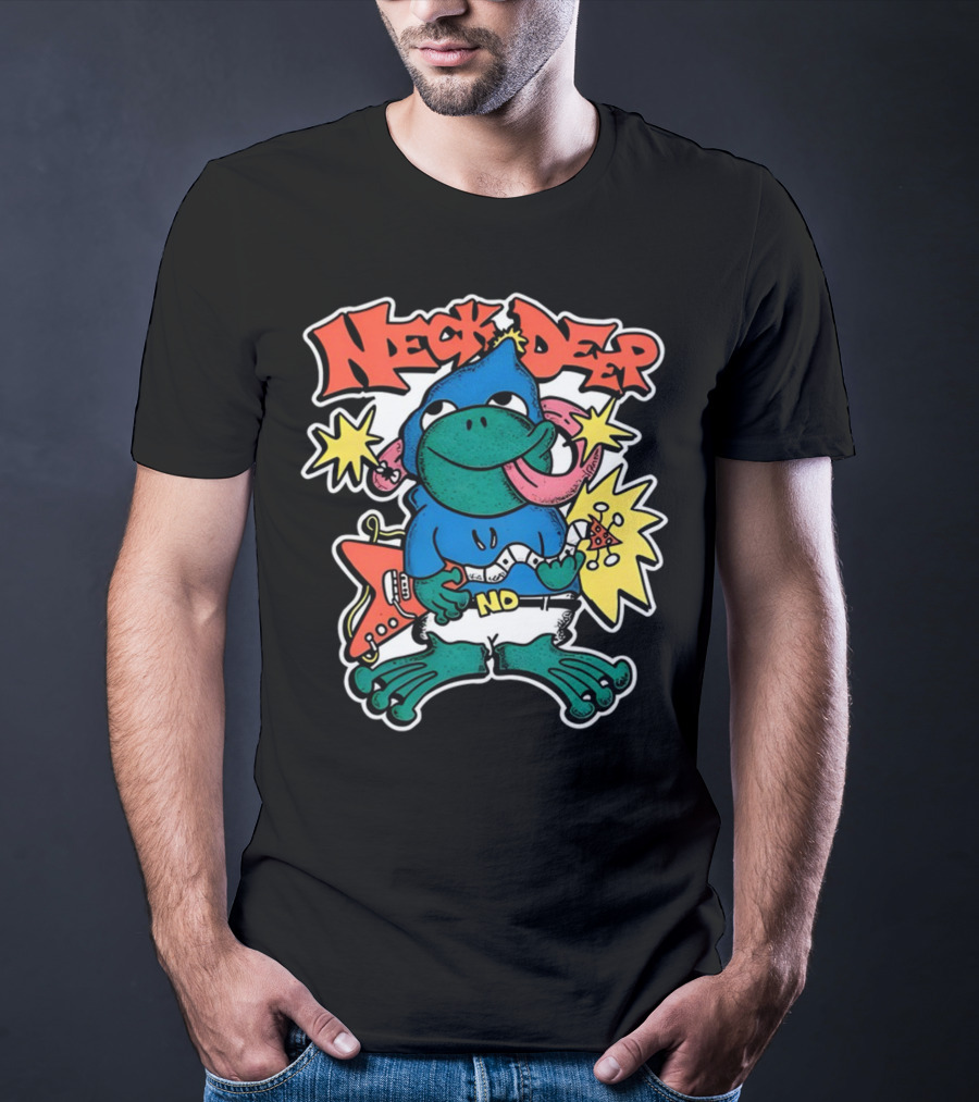 Neck Deep Frog Cartoon Character Holding Red Electric Guitar With Stars And No Belt T-Shirt