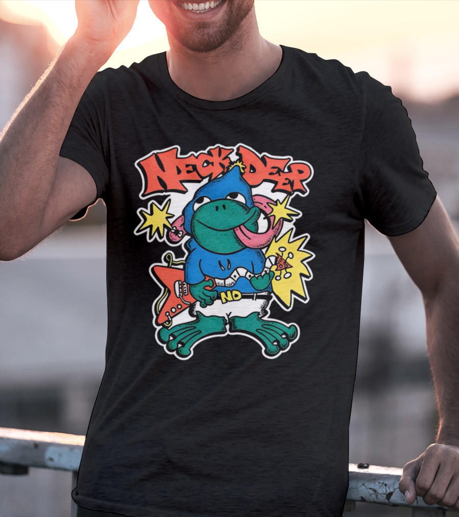 Neck Deep Frog Cartoon Character Holding Red Electric Guitar With Stars And No Belt T-Shirt