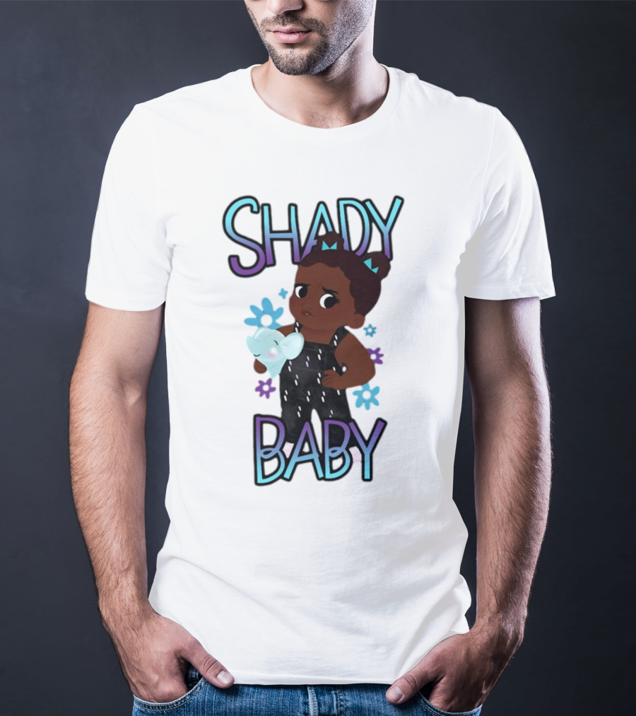 Shady Baby Cute Cartoon Character Holding Blue Elephant With Purple And Blue Flowers T-Shirt
