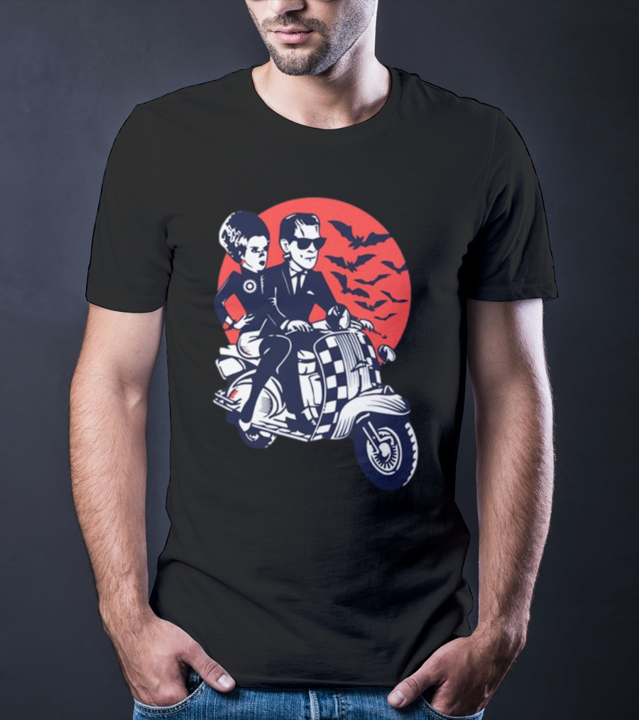 Ska-Lloween Couple Riding Scooter With Bats In Halloween Moon Sky T-Shirt