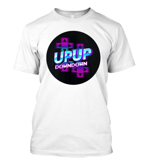 UPUP DOWNDOWN Retro Video Game Arrows Neon Text T-Shirt