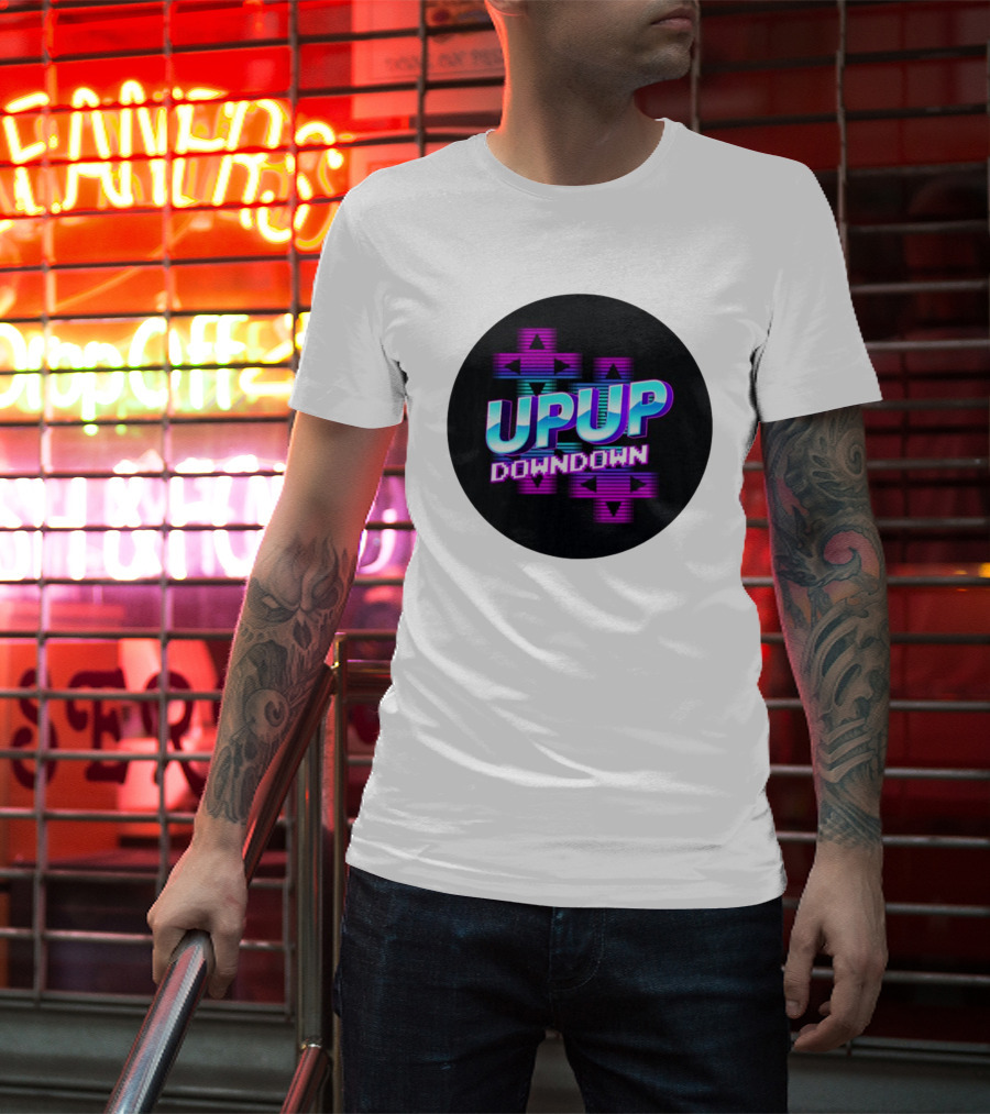 UPUP DOWNDOWN Retro Video Game Arrows Neon Text T-Shirt