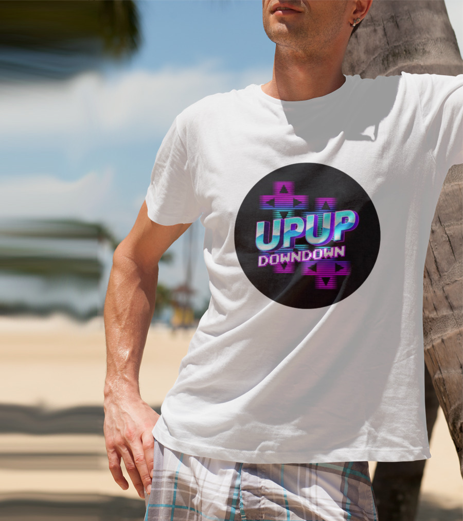 UPUP DOWNDOWN Retro Video Game Arrows Neon Text T-Shirt