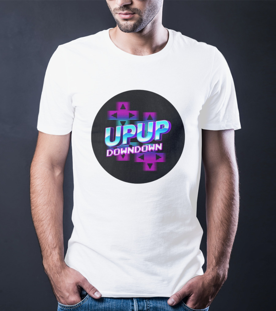 UPUP DOWNDOWN Retro Video Game Arrows Neon Text T-Shirt