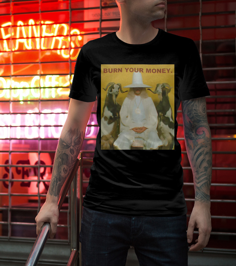 BURN YOUR MONEY White Suit Man With Goats T-Shirt